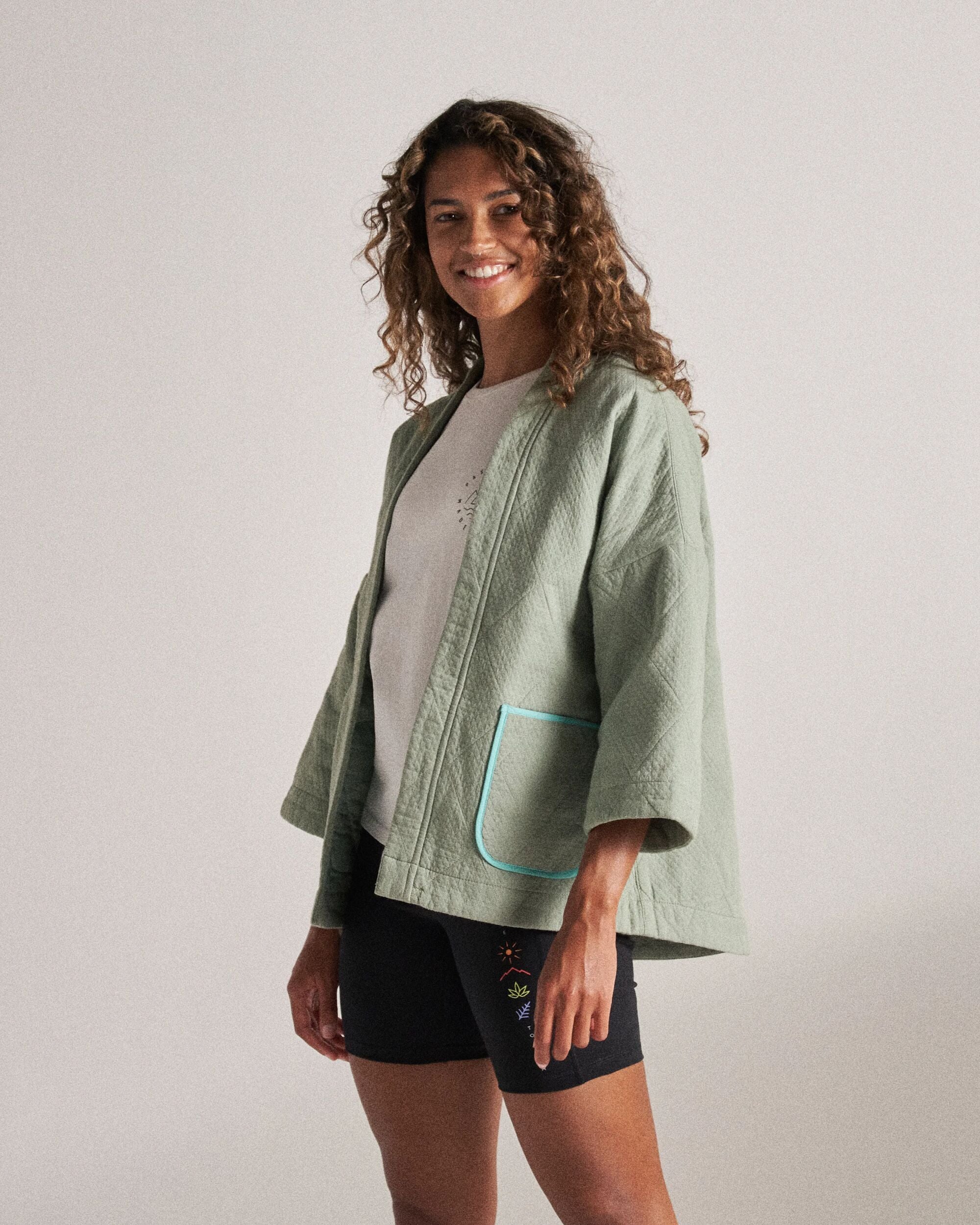 Mira Organic Cotton Quilted Overshirt - Pistachio - Studio Model