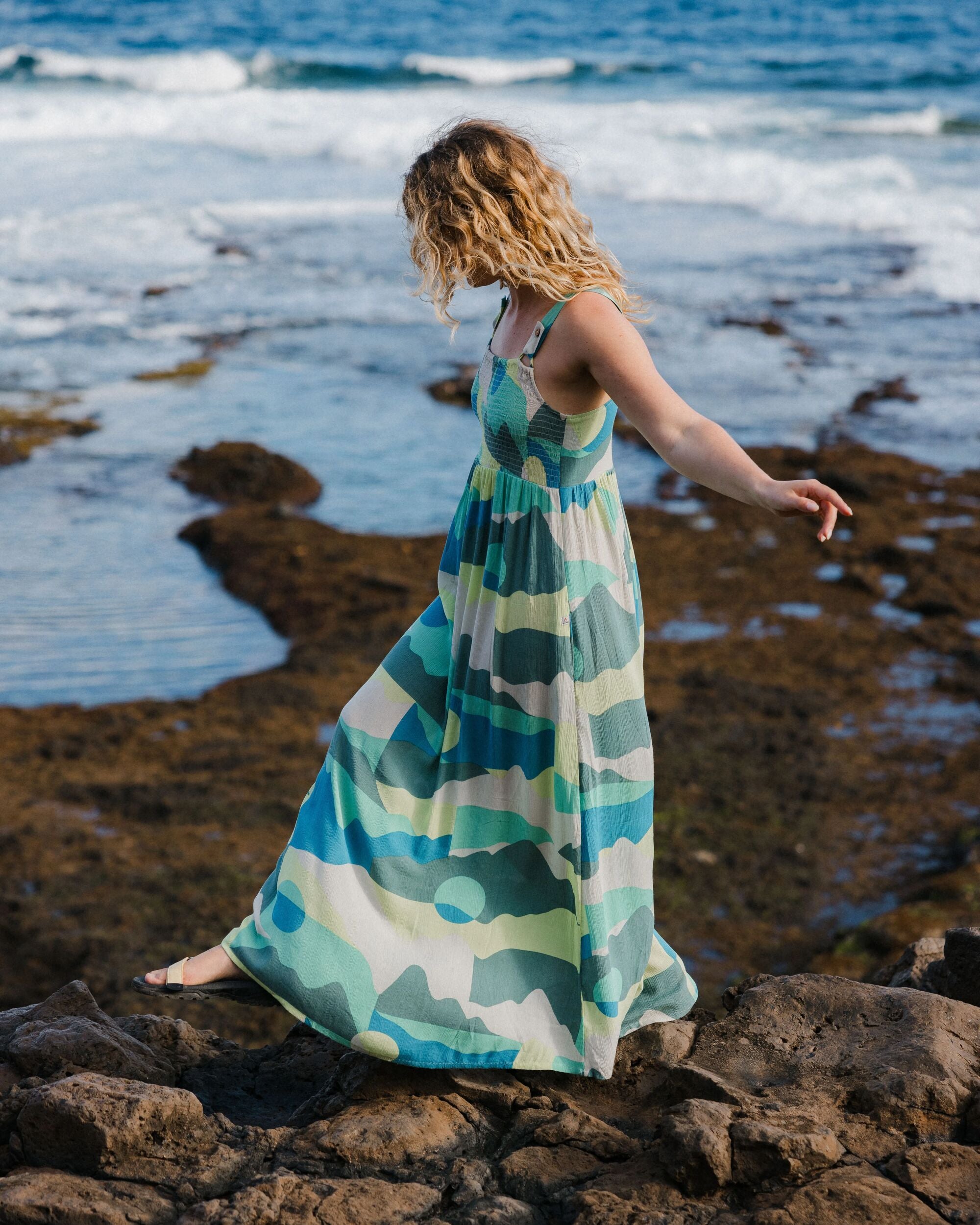 aqua tile print maxi dress Soleis Woven Maxi Dress Vista Patchwork Aqua – Passenger