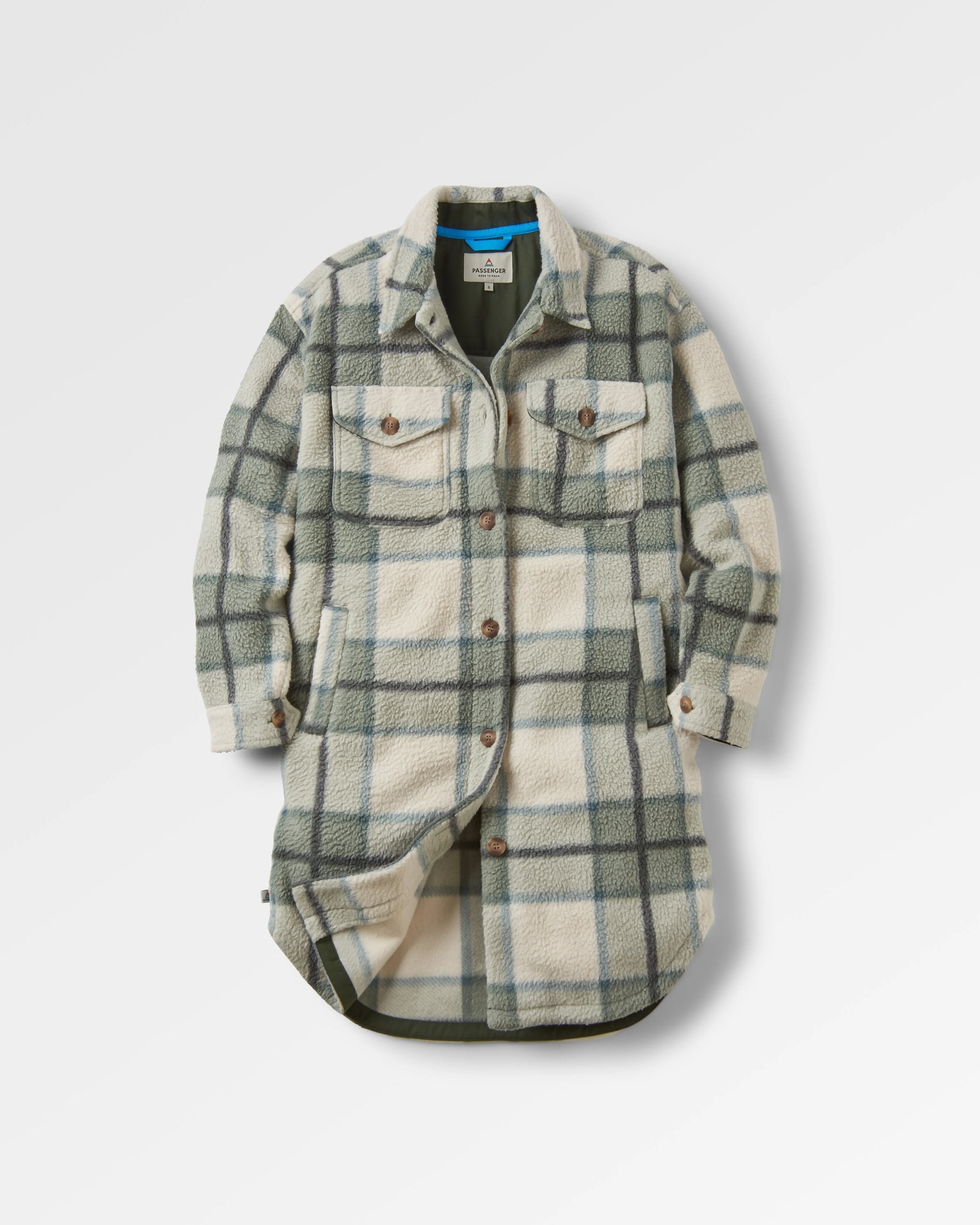 Cloudy Recycled Sherpa Fleece Shirt - Pistachio Check - Flatlay