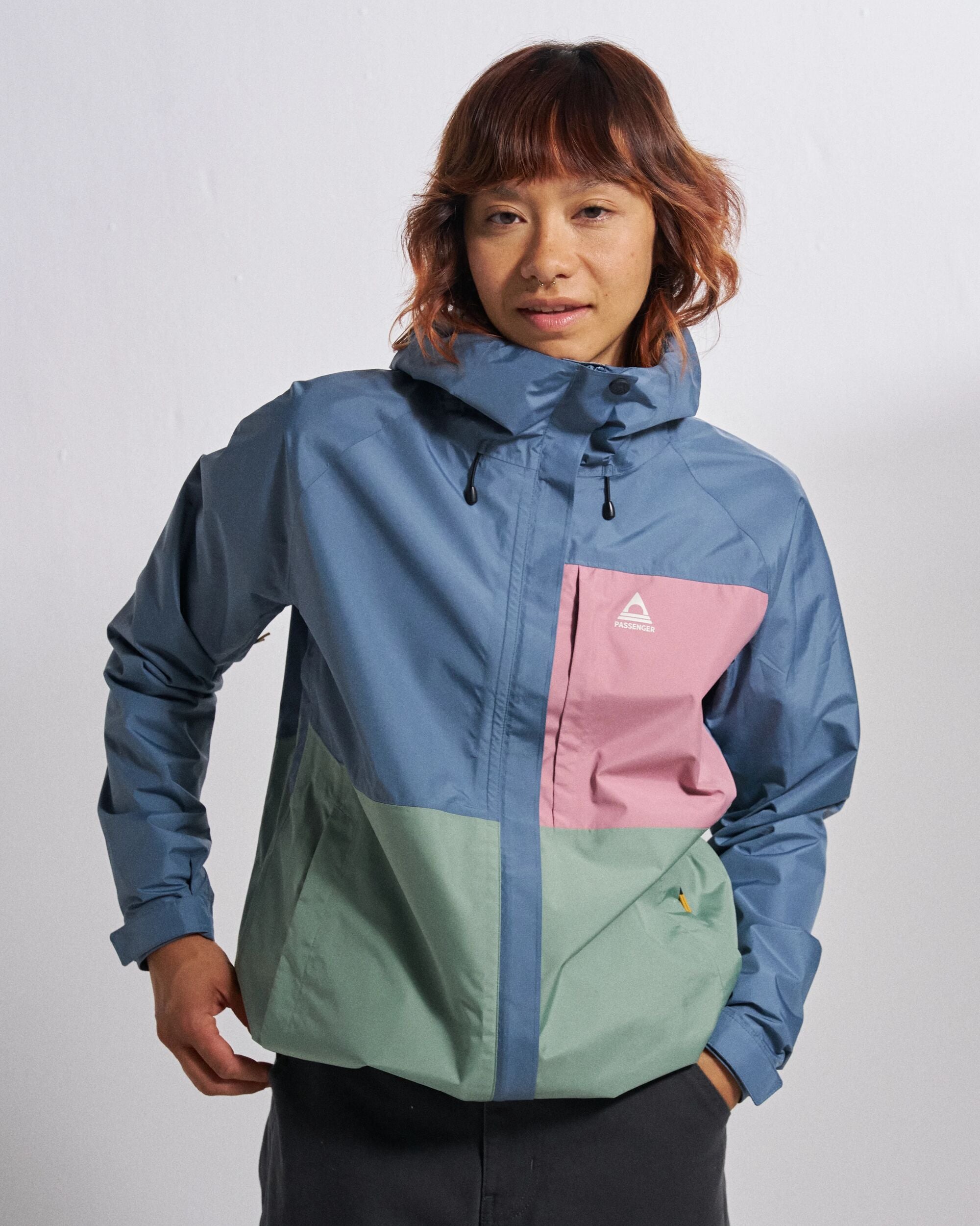 Trailscape Women's Waterproof Jacket - Stormy Blue/Pistachio - Studio Model