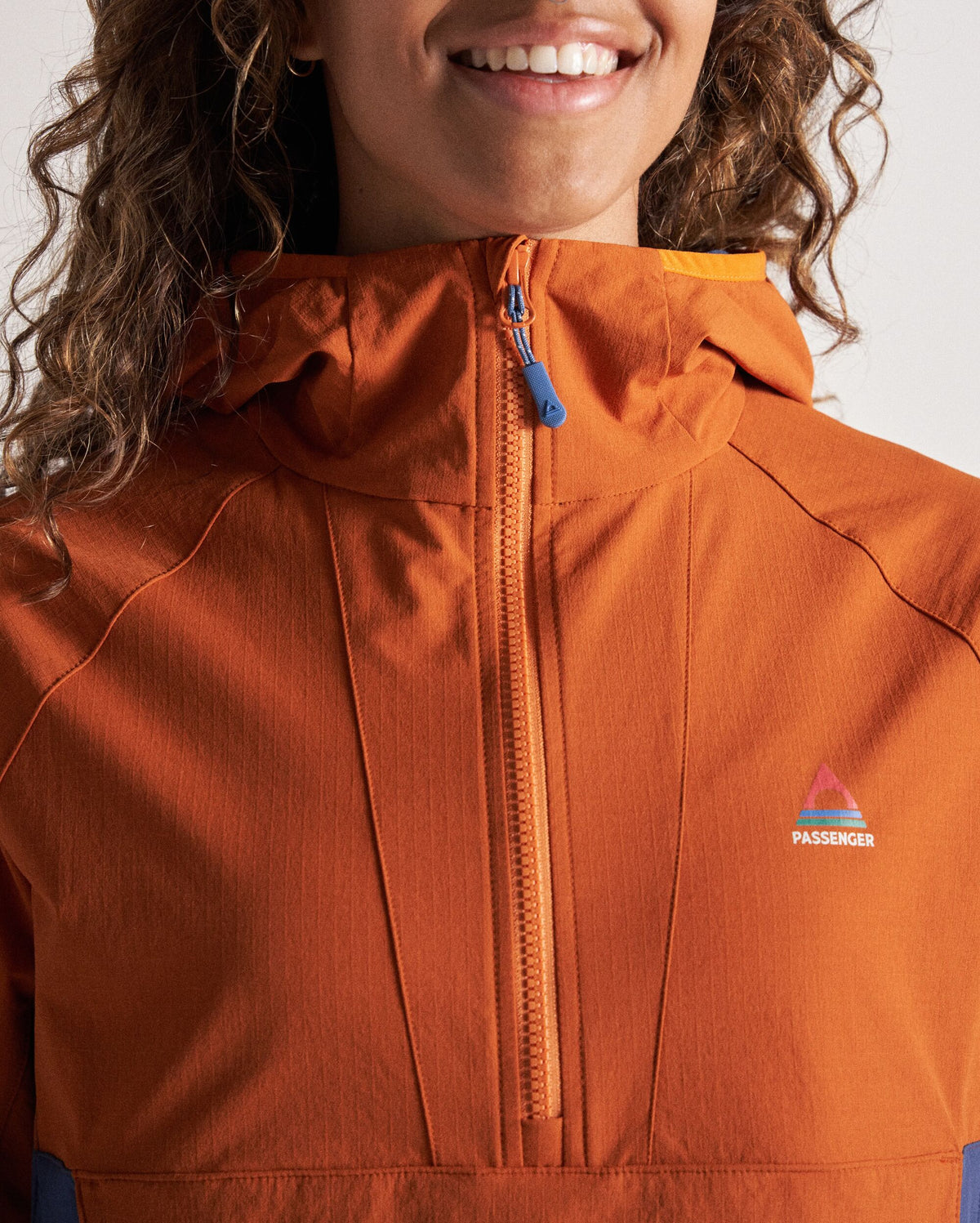 Ocean Light Softshell Anorak - Dark Denim/Sunset Orange - Studio Model