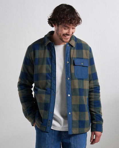 Firelight Sherpa Lined Overshirt - Dusty Olive/Dark Denim Check  - Studio Model