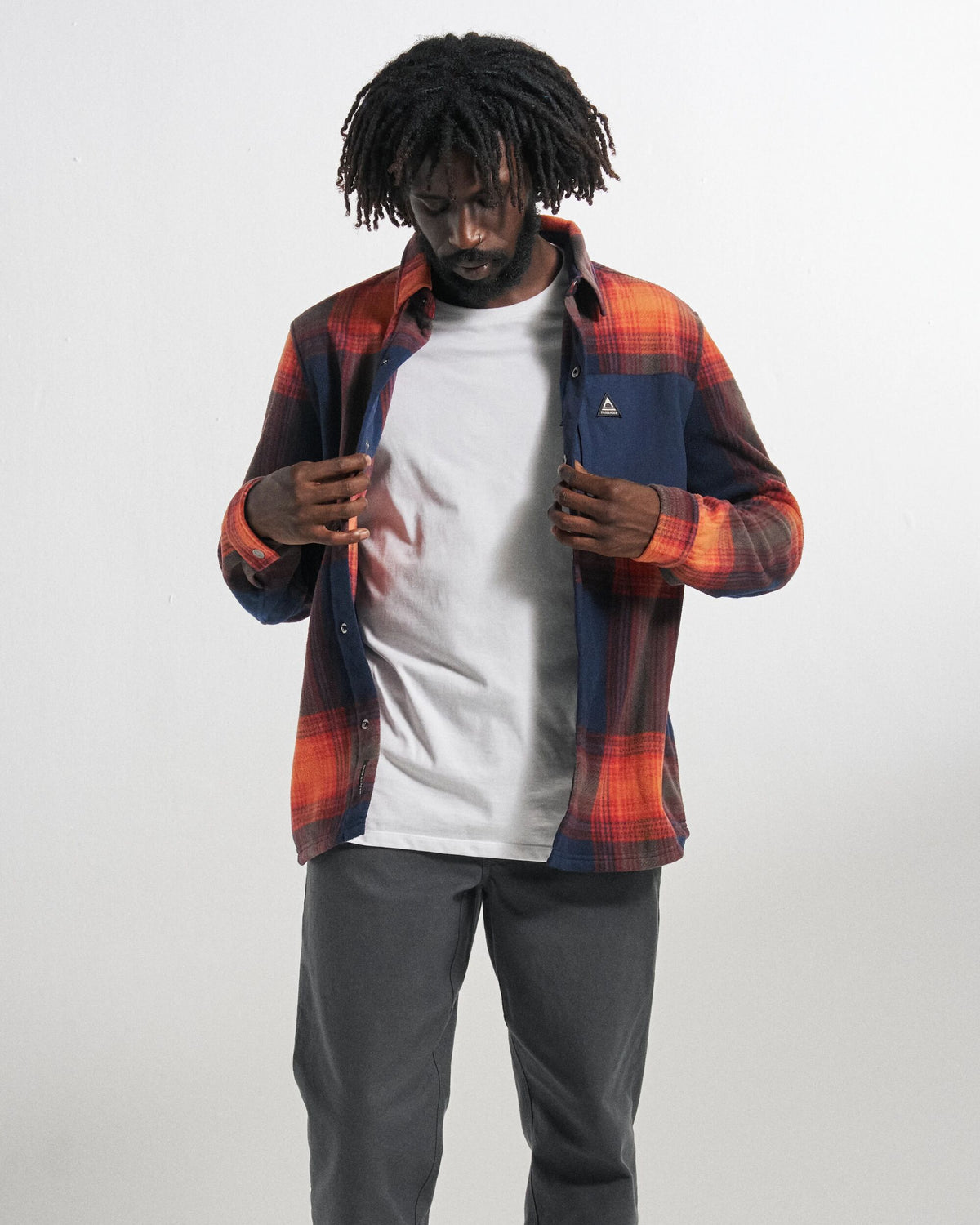 West Polar Fleece Shirt - Rich Navy/ Red Ochre Check - Studio Model