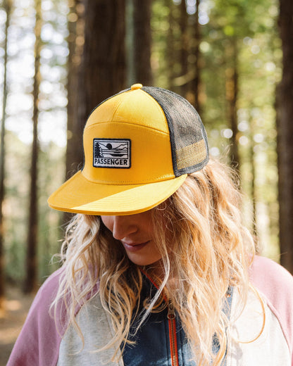 Roamer 7 Panel Organic Cotton Trucker Cap - Spruce Yellow - Lifestyle - Female