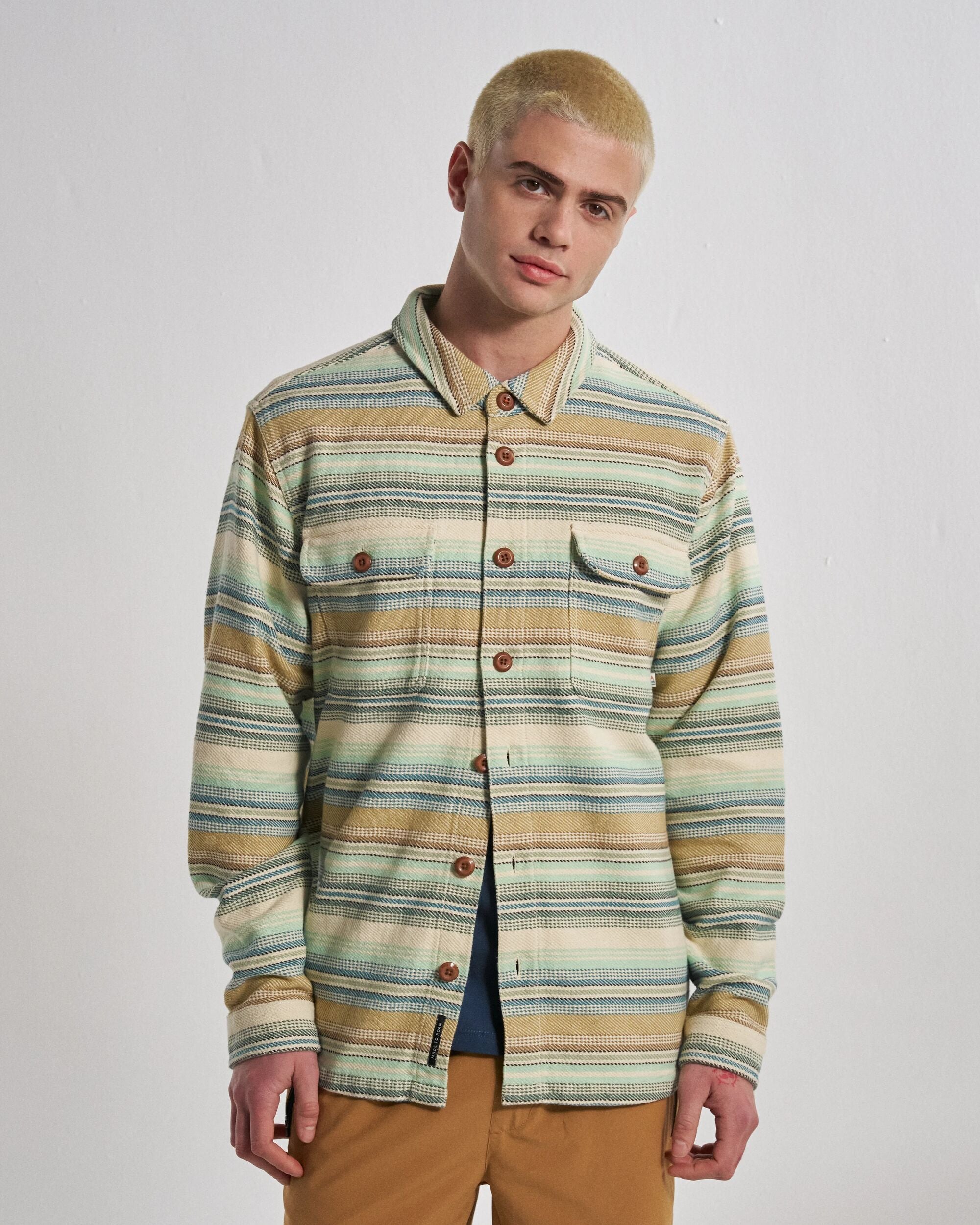 Island Twill Shirt - Caramel Beach Stripe - Studio Model