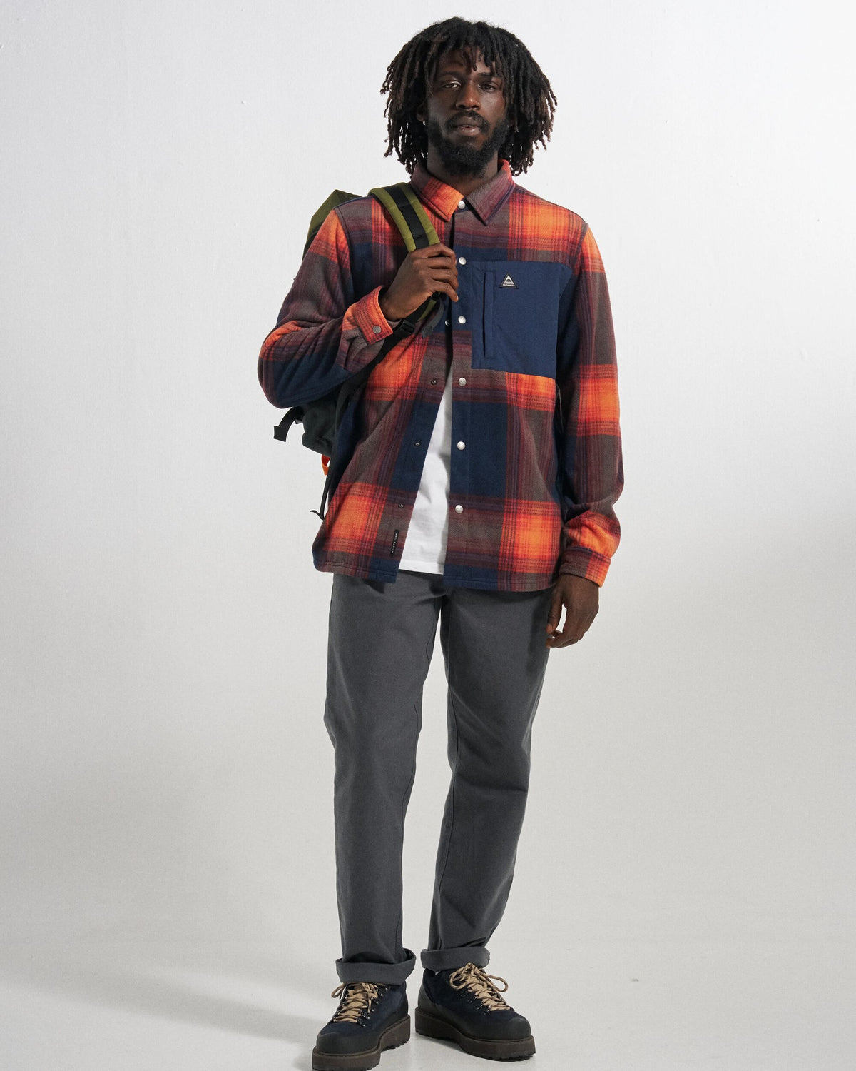 West Polar Fleece Shirt - Rich Navy/ Red Ochre Check - Studio Model