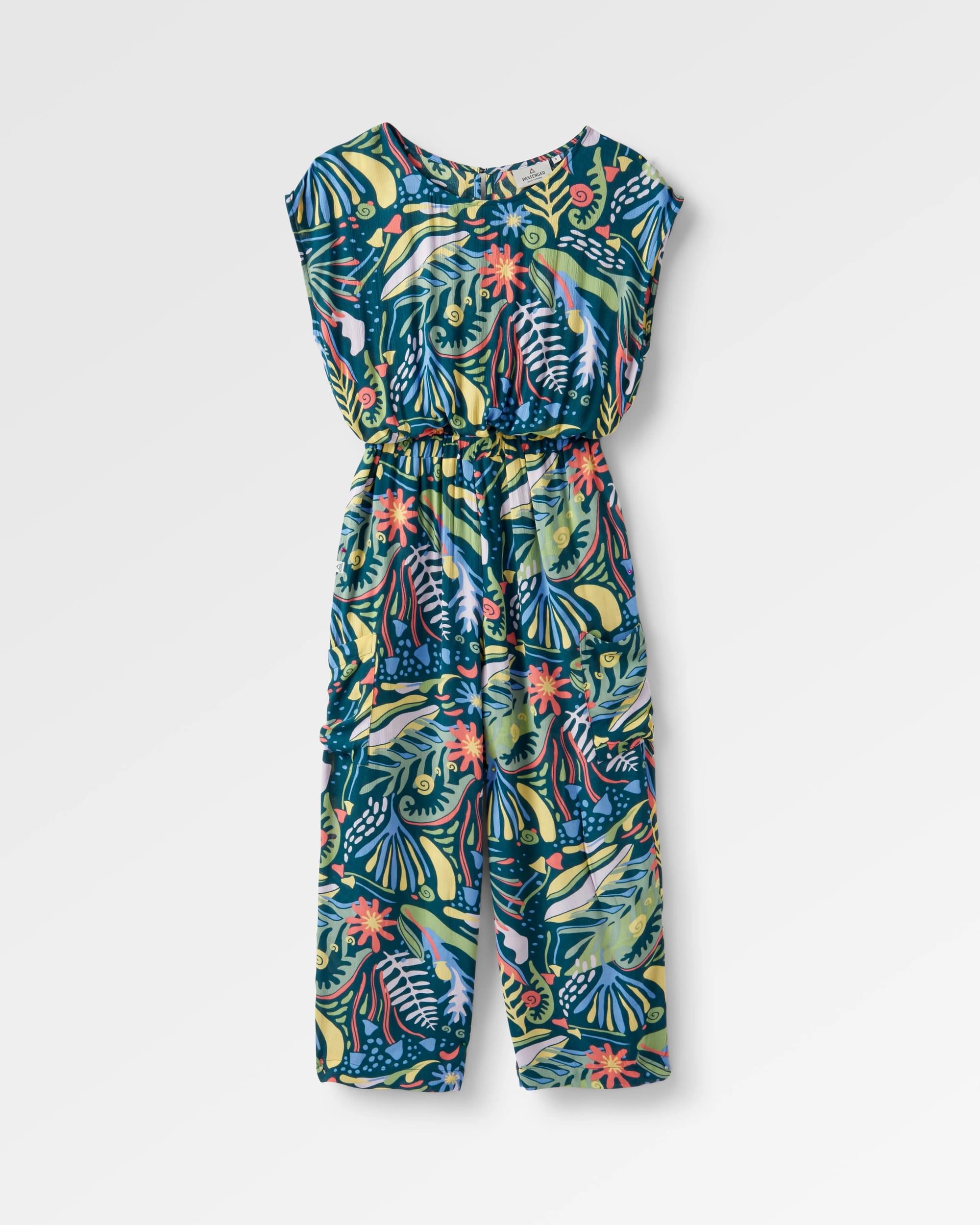 Thimbleberry Jumpsuit - Abstract Seaweed Tidal Blue - Flatlay