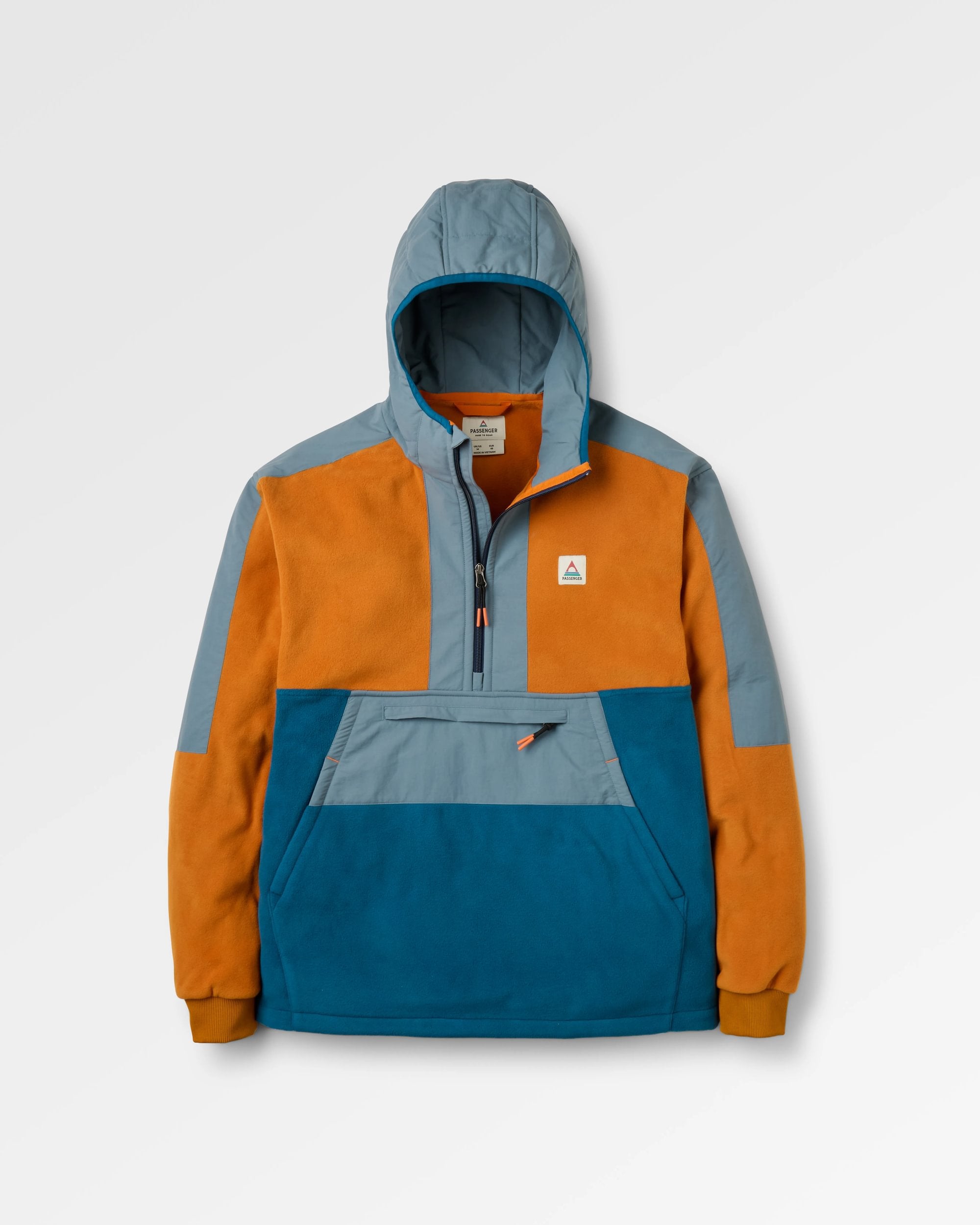 Woodland Hooded Recycled Polartec® Fleece - Retro Orange/Tidal Blue - Flatlay
