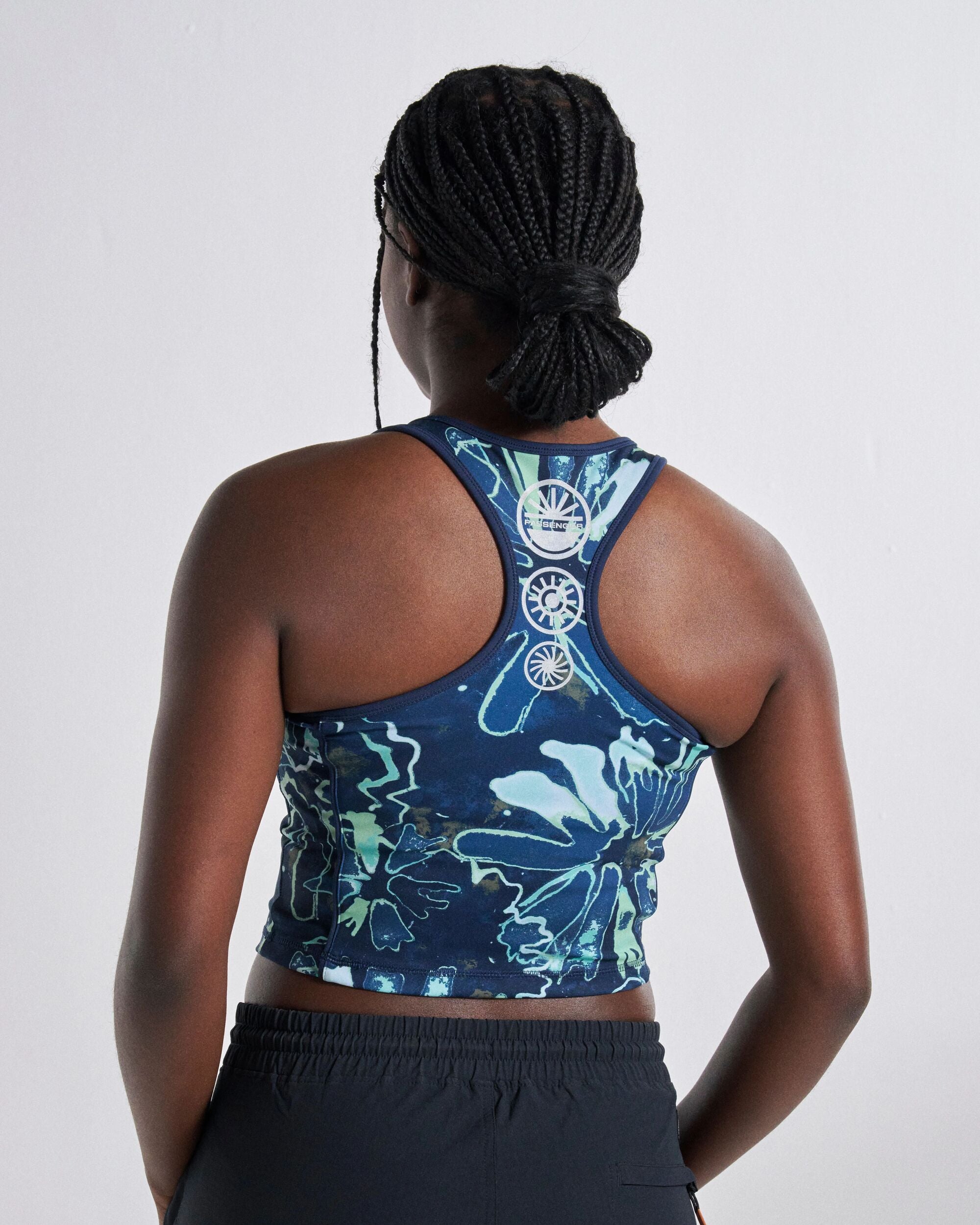 Mantra Recycled Active Crop Top - Frost Ice Blue - Studio Model