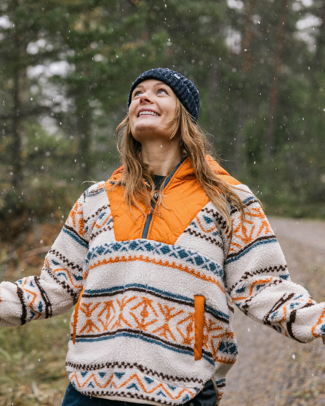 Beaumont Recycled Sherpa Hooded Fleece - Homespun Stripe Sunrise Orange - Lifestyle
