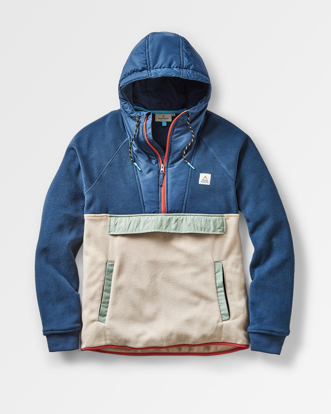 Woodland Hooded 1/2 Zip Recycled Polar Fleece - Dark Denim/Oatmeal - Flatlay