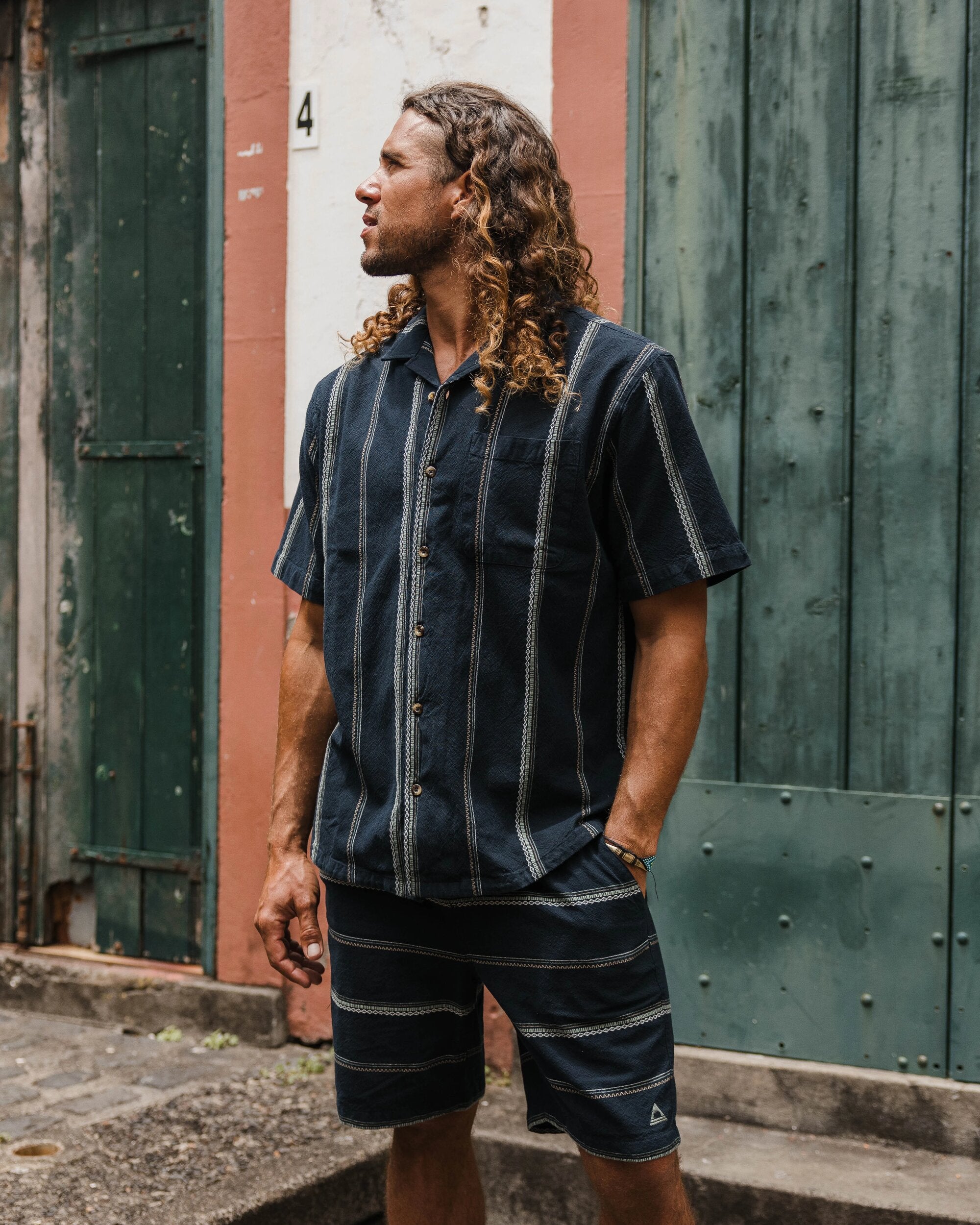 Cove Organic Cotton Short Sleeve Shirt - Deep Navy Jacquard Stripe - Lifestyle