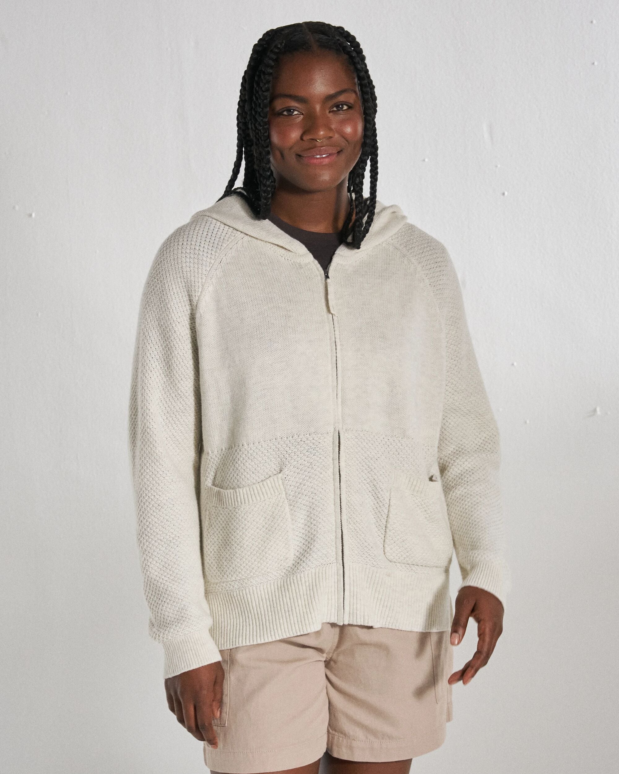 Cove Full Zip Knitted Hoodie - Off White - Studio Model