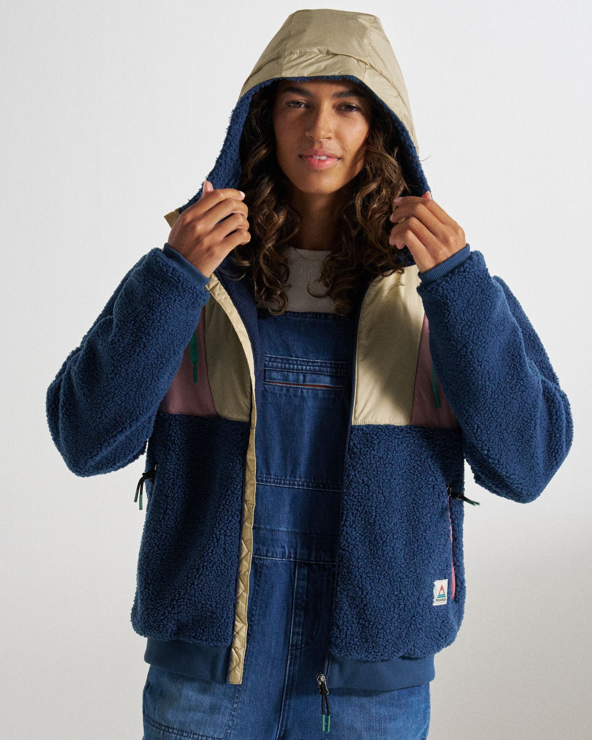 Joy Full Zip Hooded Sherpa Fleece - Dark Denim/Feather - Studio Model