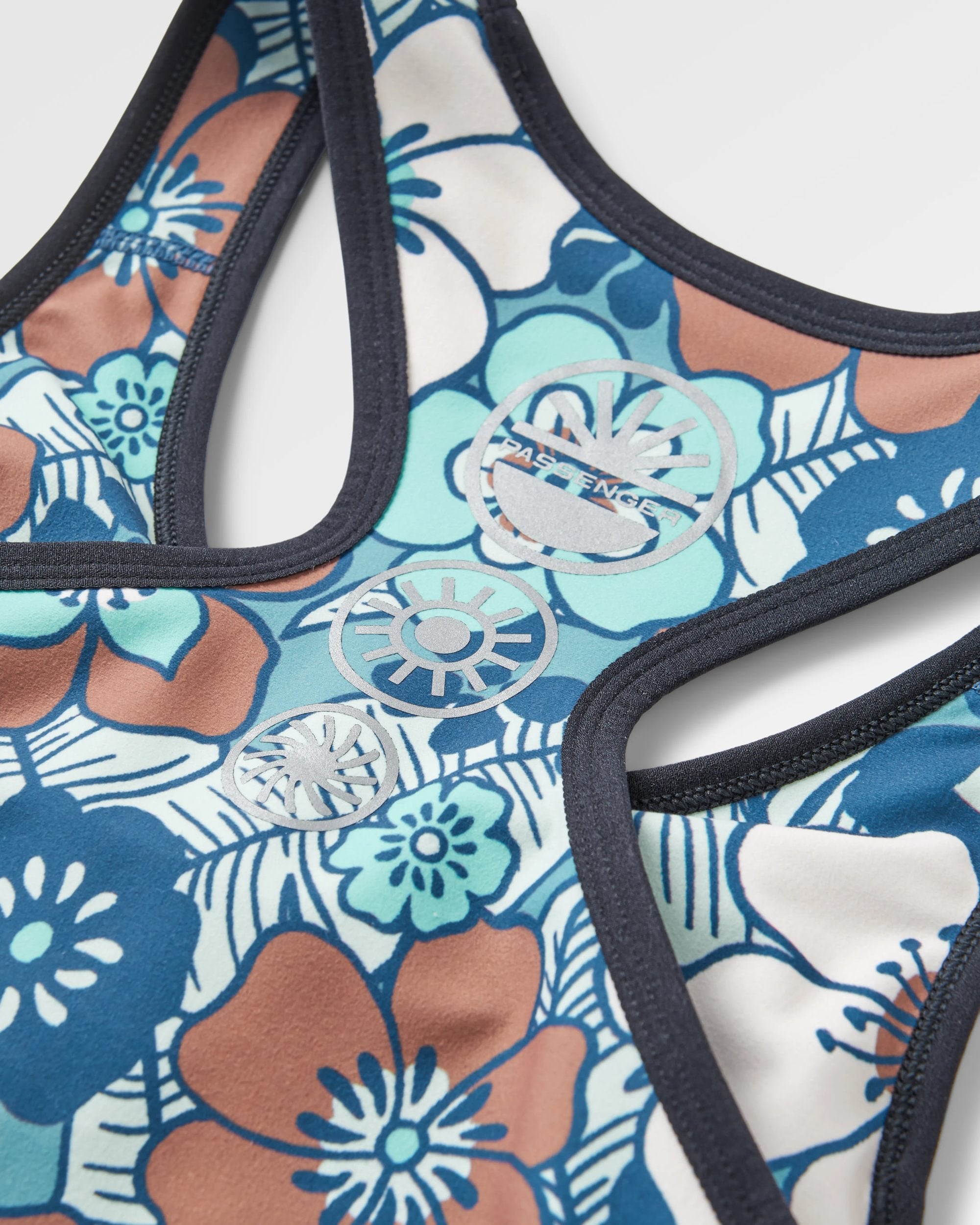 Mantra Recycled Active Crop Top - Vintage Floral Aqua - Flatlay