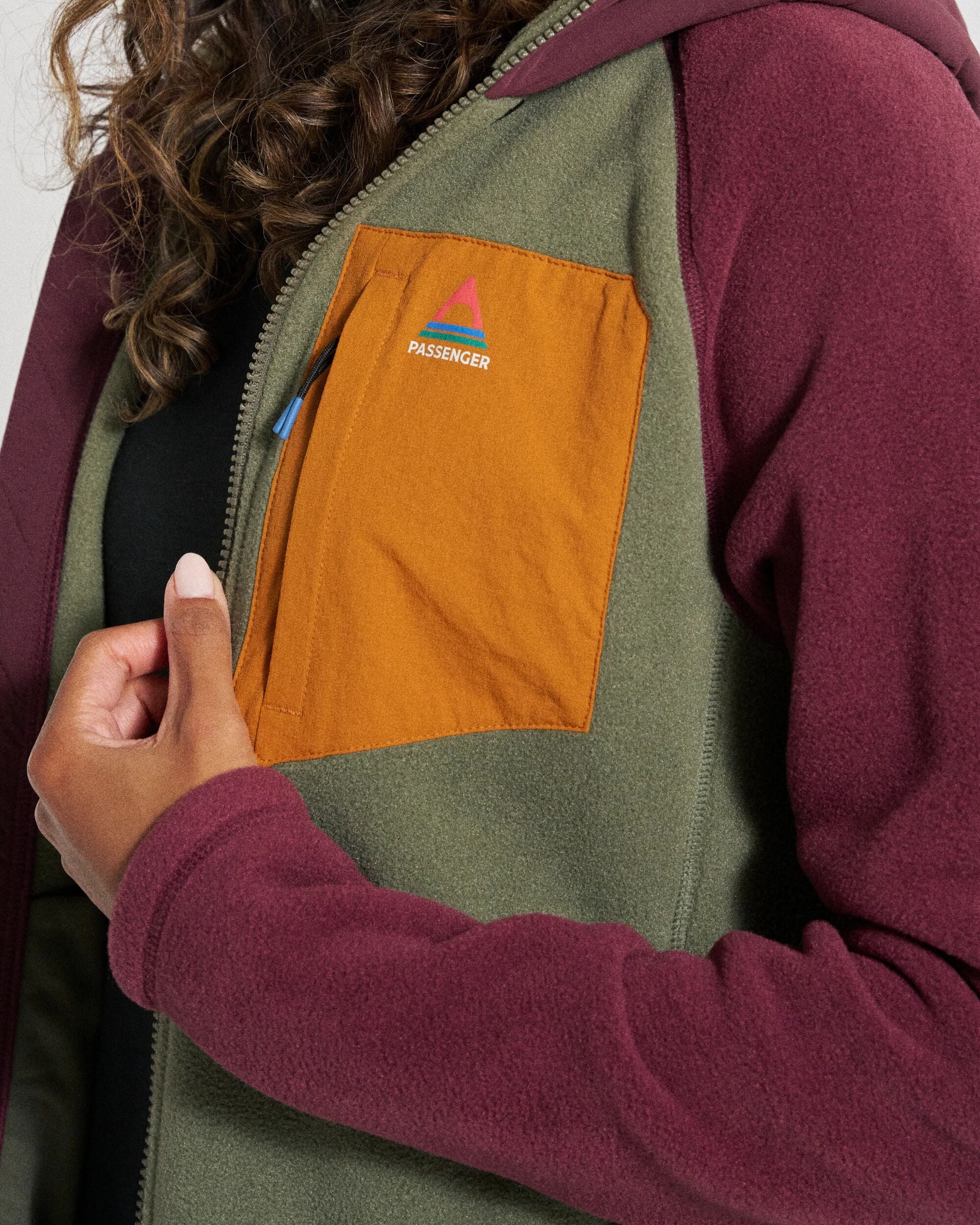 Sierrascape Women's Recycled Polartec® Fleece Hoodie - Fig/Dusty Olive  - Studio Model