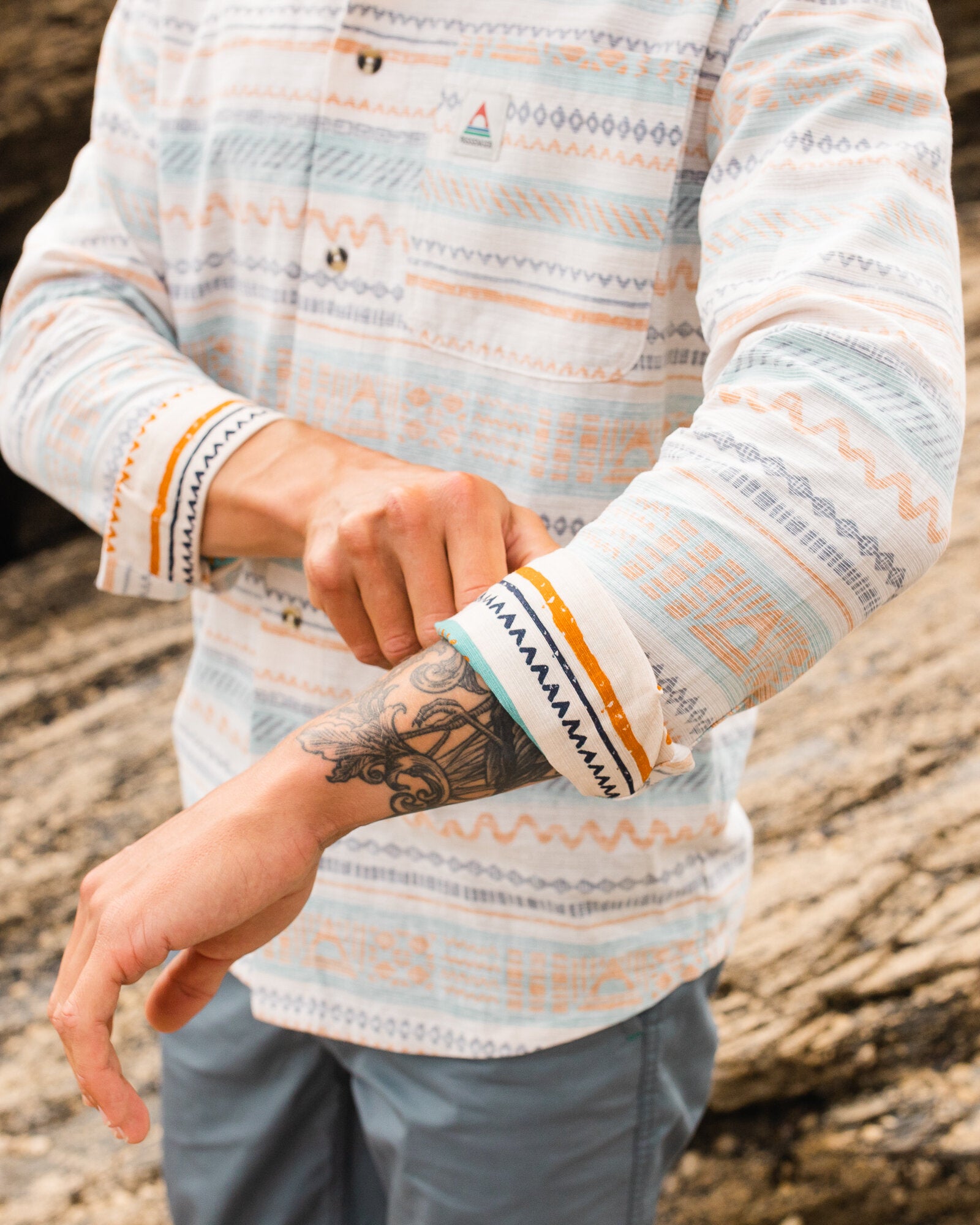 Amboro Organic Cotton Shirt - Patchwork Stripe Birch - Lifestyle