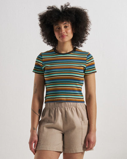 Out There Ribbed Cropped T-Shirt - Espresso Multi Stripe - Studio Model