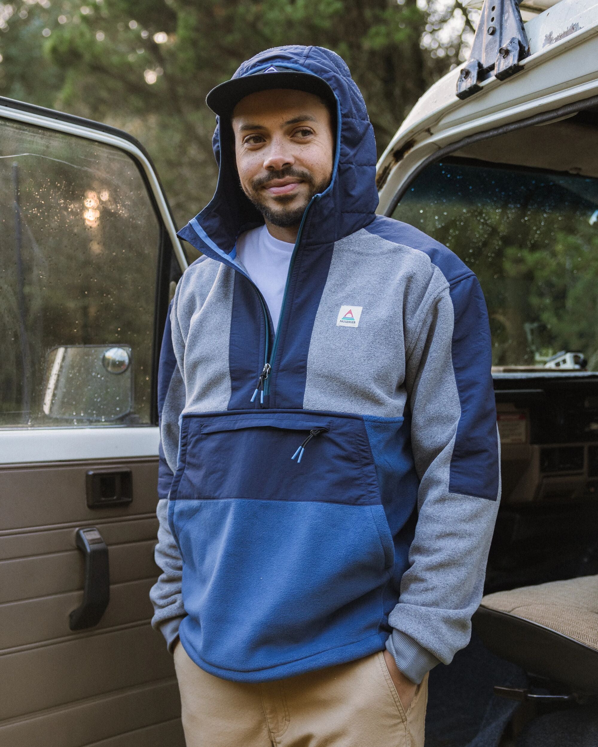 Woodland Hooded Recycled Polartec® Fleece - Grey Marl/Dark Denim - Lifestyle