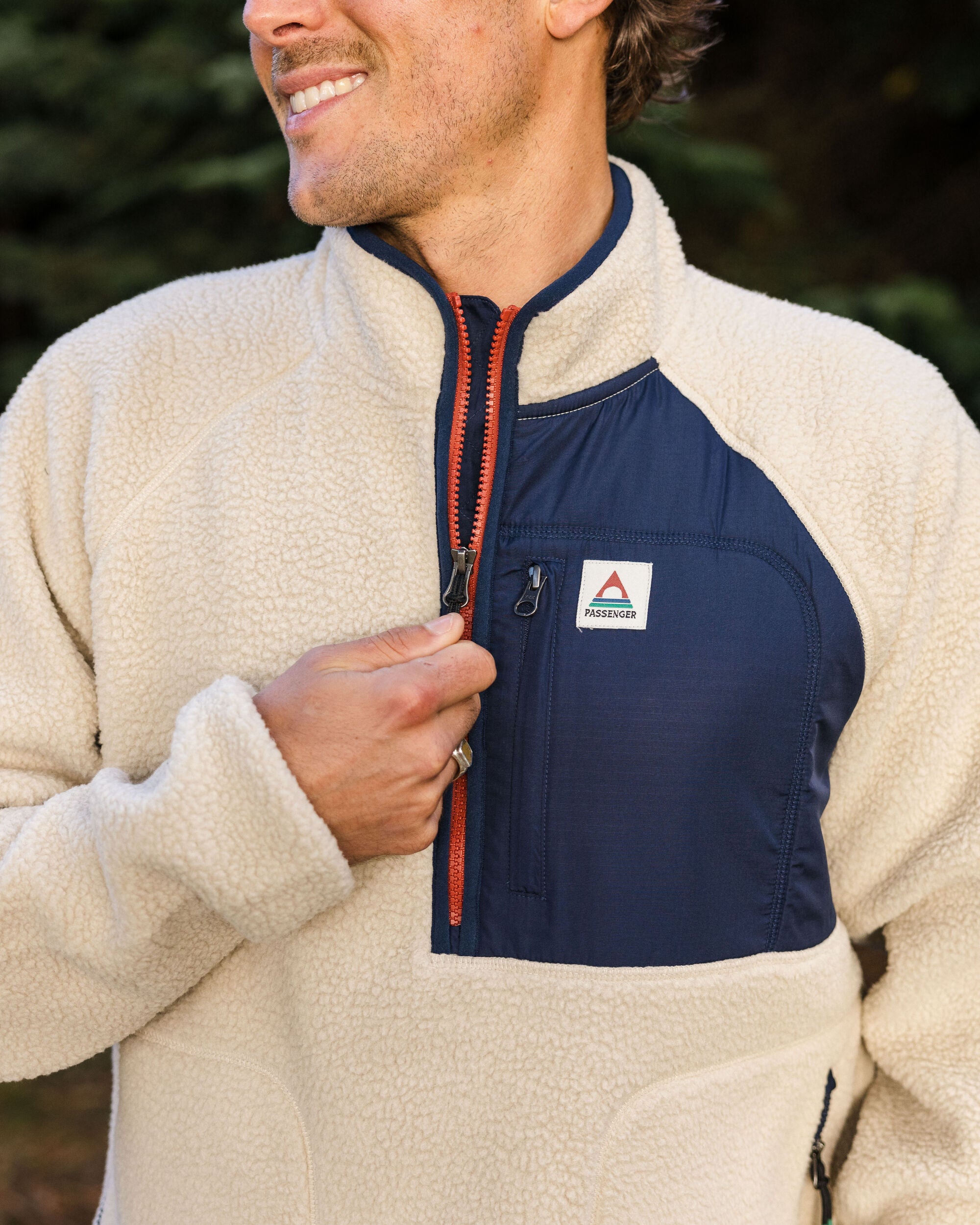 Offgrid 1/2 Zip Recycled Sherpa Fleece - Oatmeal/Navy - Lifestyle