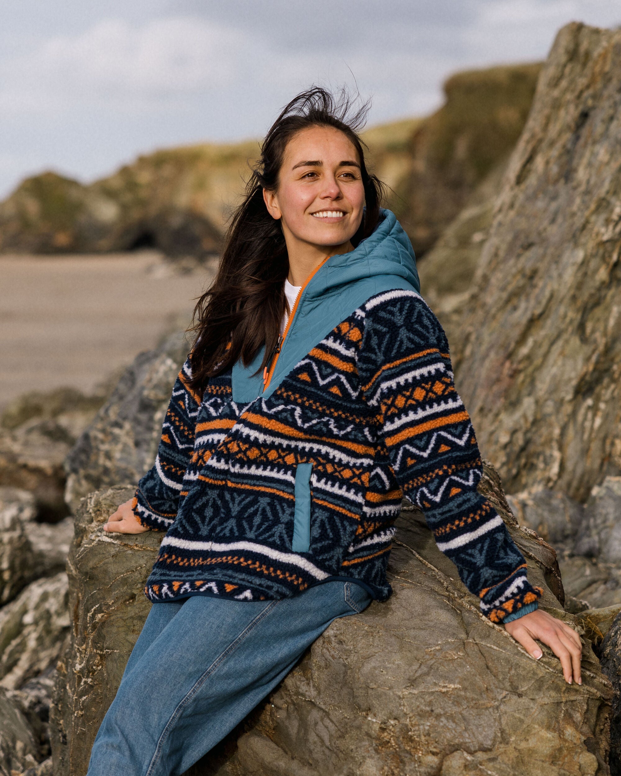 Beaumont Recycled Sherpa Hooded Fleece - Homespun Stripe Navy - Lifestyle