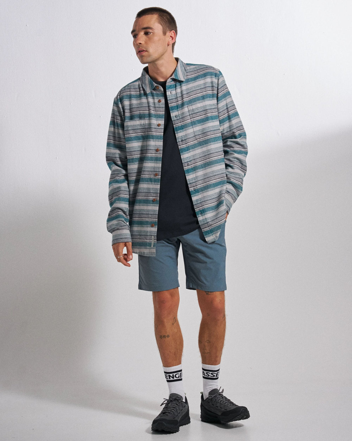Backcountry Stripe Light Shirt - Grey Marl/Mediterranean Stripe - Studio Model