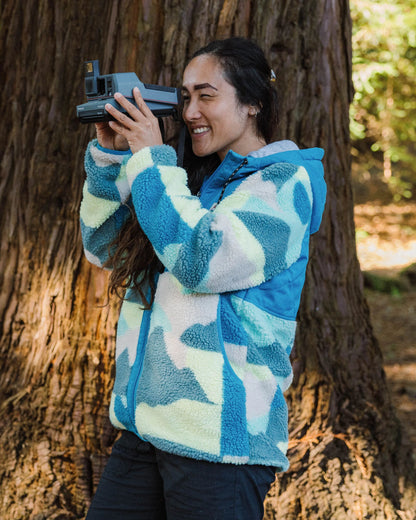 Sefton Recycled Deep-Pile Sherpa Full Zip Fleece - Vista Patchwork Aqua - Lifestyle