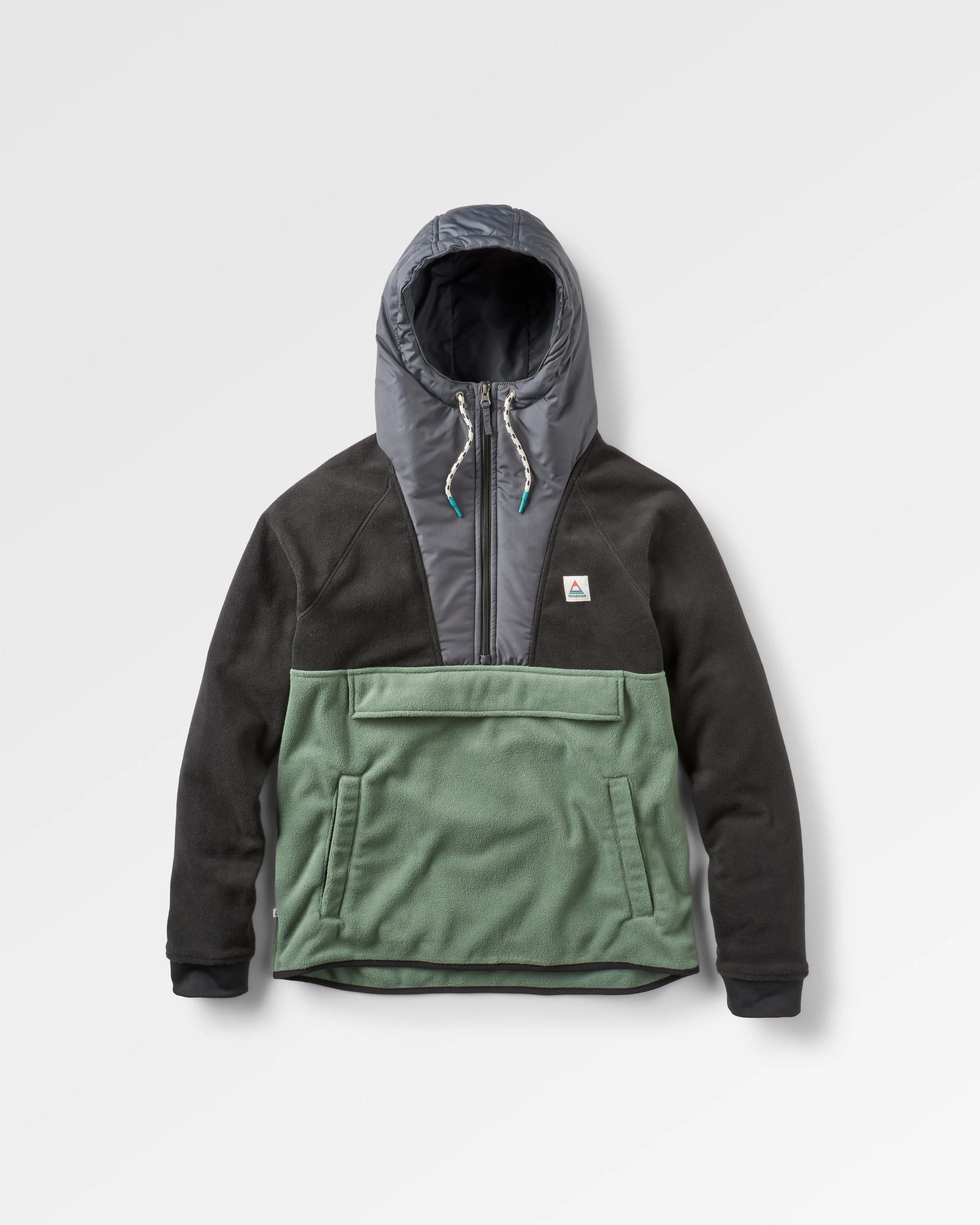 Woodland Hooded 1/2 Zip Recycled Polar Fleece - Black/ Dark Forest - Flatlay
