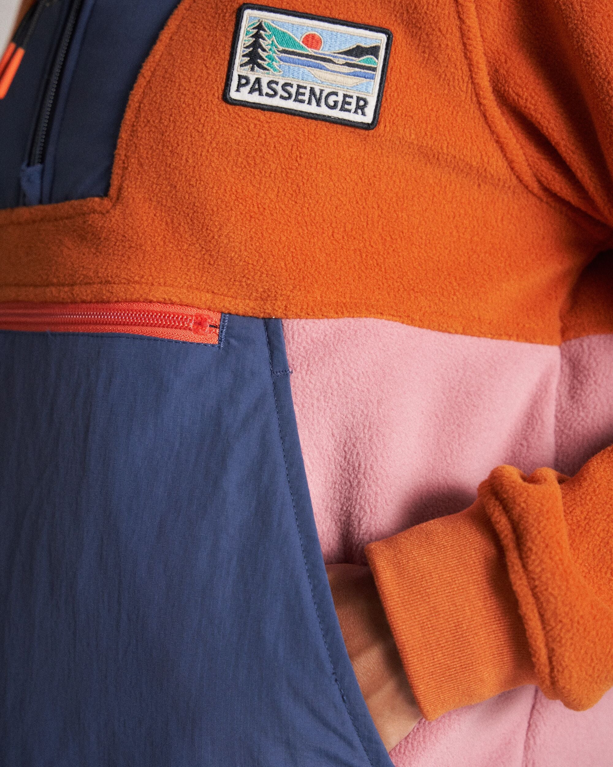 Alexander Recycled Hooded Polar Fleece - Dark Denim/Sunset Orange - Studio Model