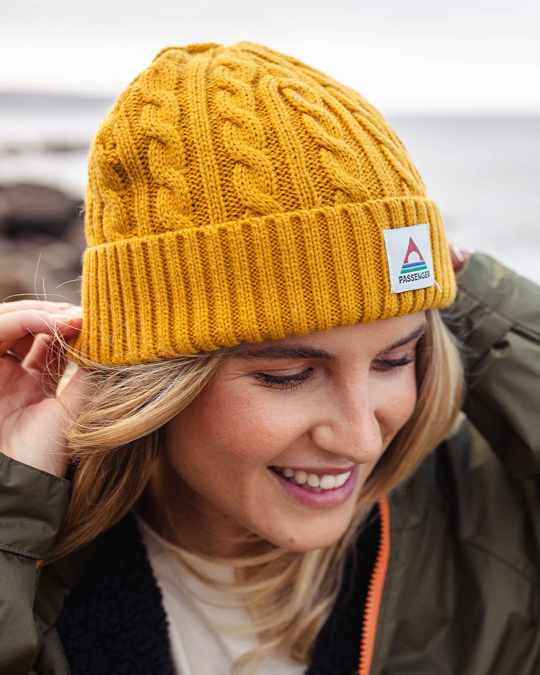Womens_Fireside Recycled Acrylic Cable Knit Beanie - Mustard Yellow