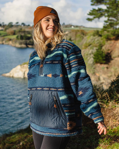 Perouse Recycled Sherpa 1/2 Zip Fleece - Blue Coral Geo Pattern
