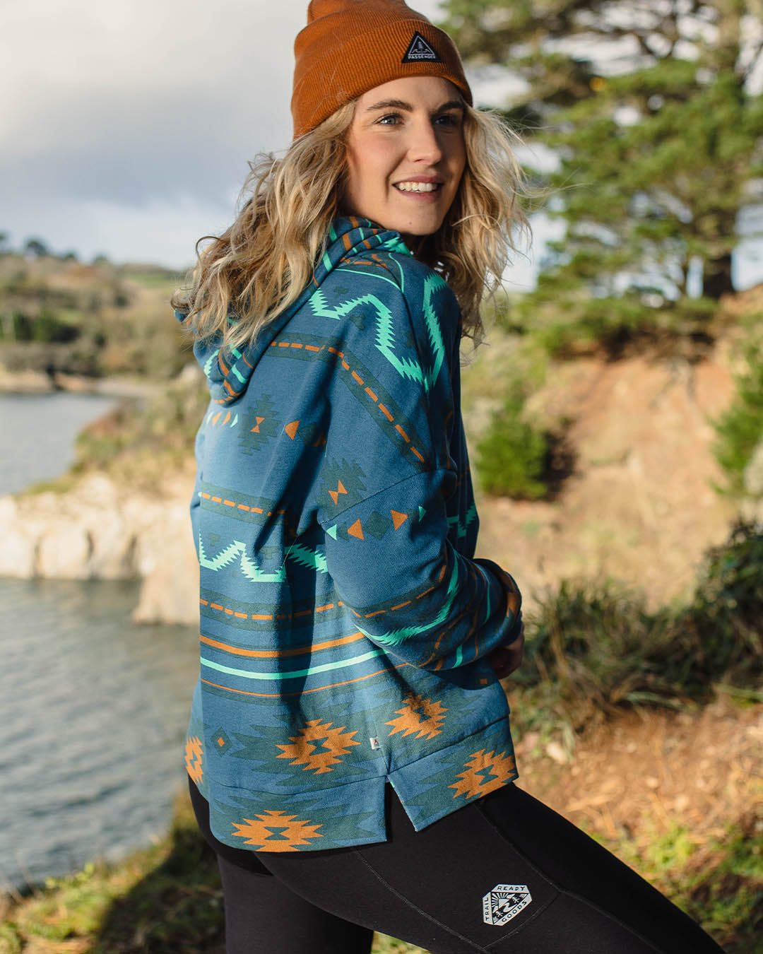Wilderness Recycled Cotton Printed Hoodie - Blue Coral Geo Pattern Two