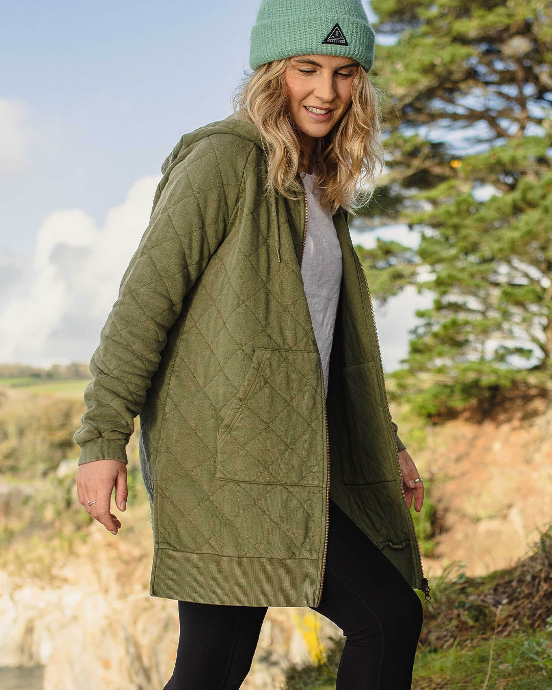 Getaway Recycled Cotton Quilted Full Zip Hoodie - Khaki
