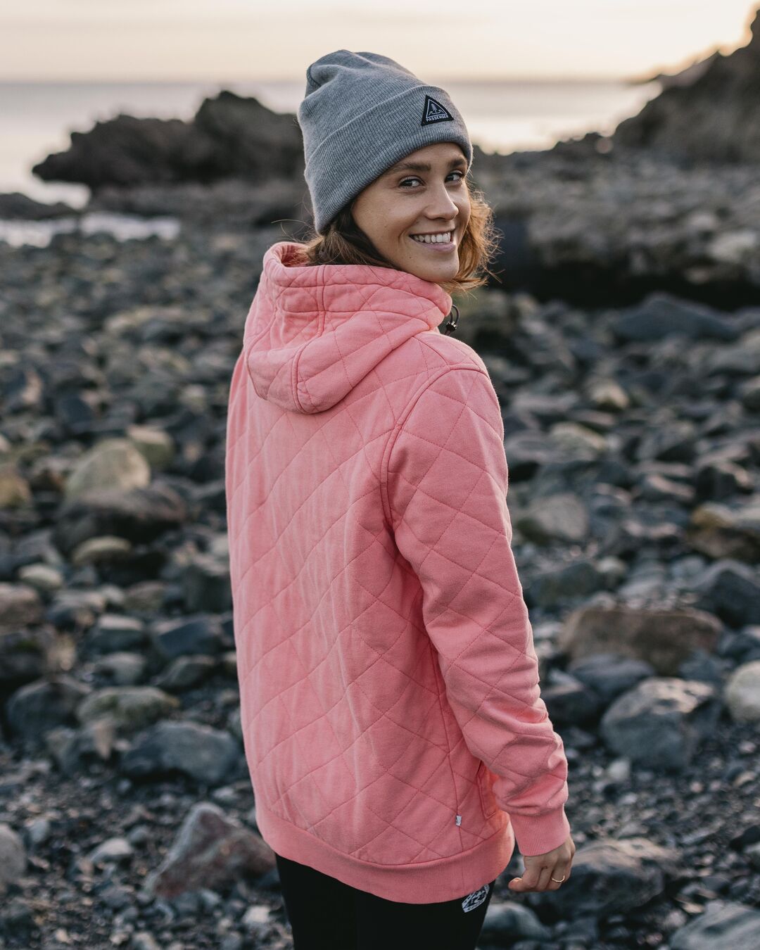Clementine Recycled Quilted Popper Up Hoodie - Shell Pink